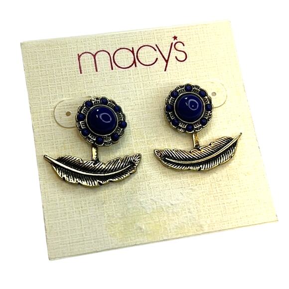 Macy’s Gold Feather Earrings w/ Dark Blue Gemstone, NWT! - Picture 1 of 3